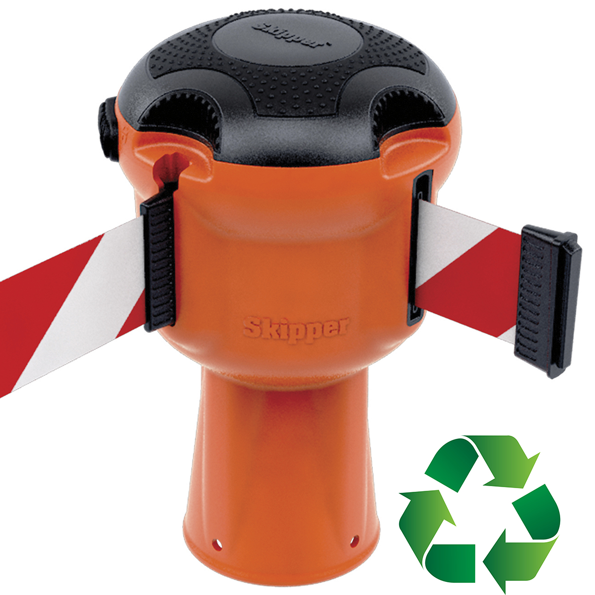 Orange Retractable cone tape barrier unit with red and white tap.